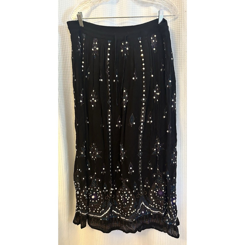 Black Sequined Boho Maxi Skirt M Flowy Hippie Indie Festival